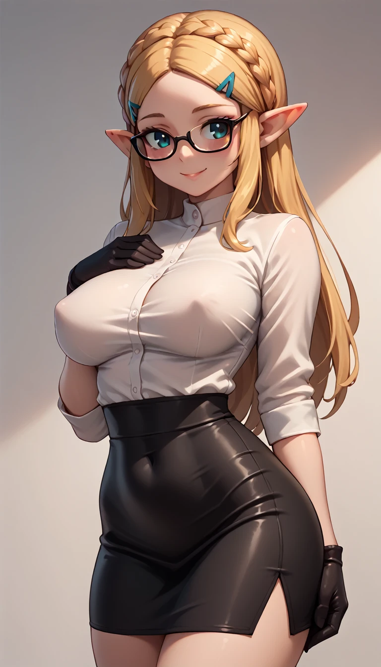 High resolution, Very detailed, perfect lighting, beautiful detailed eyes,   ((masterpiece,Best Quality)), absurdities, alone,     princess zelda, by the width, crown braid, Hair clip, pointy ears, tight white shirt, Gloves without fingers, black gloves,  short tight black skirt, smile, curves, nod,   ,  deep neckline, deep neckline, NSFW, visible nipples, visible nipples , touching his chest in a sexy way, touching his chest in a sexy way, sexy secretary dress, sexy secretary dress, Primer plano frontal, glasses, looking forward, Close up 