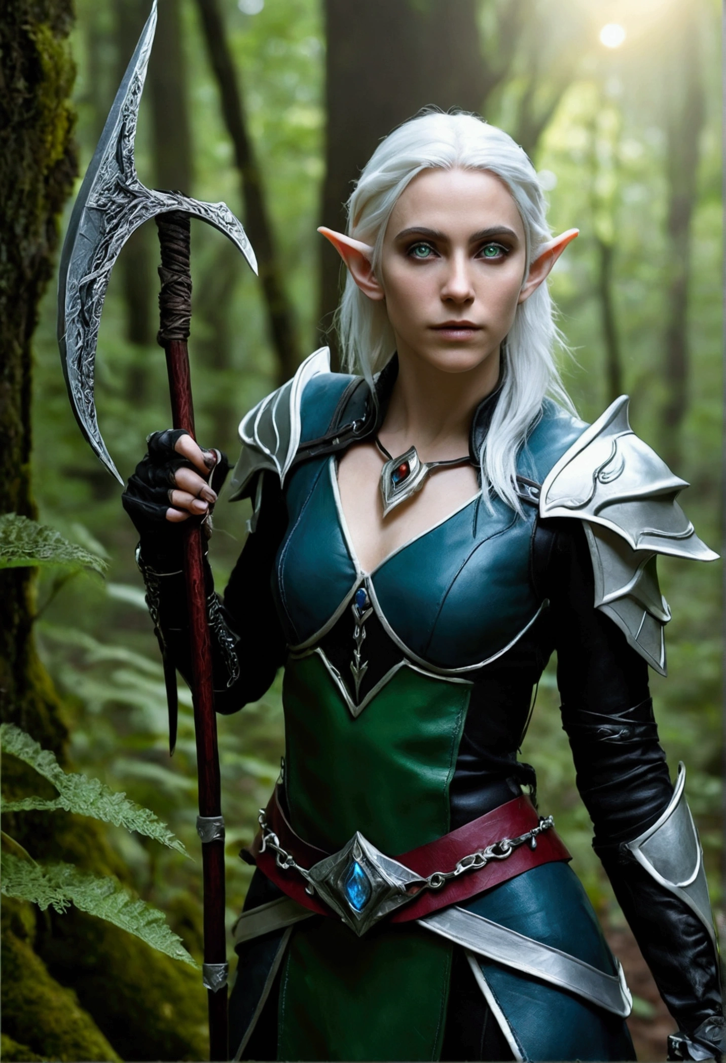 Create an realistic RPG-style image of a heterochromatic female elf in a forest with white hair and black leather armor, seen from the front, has one green and one blue eye, have a ruby amulet. On her back is she holds a large sickle, while on his waist are two small sickles attached together by a chain on their handles. She also appears to be carrying an adventure backpack. A small global astrolabe floats next to her, glowing red.