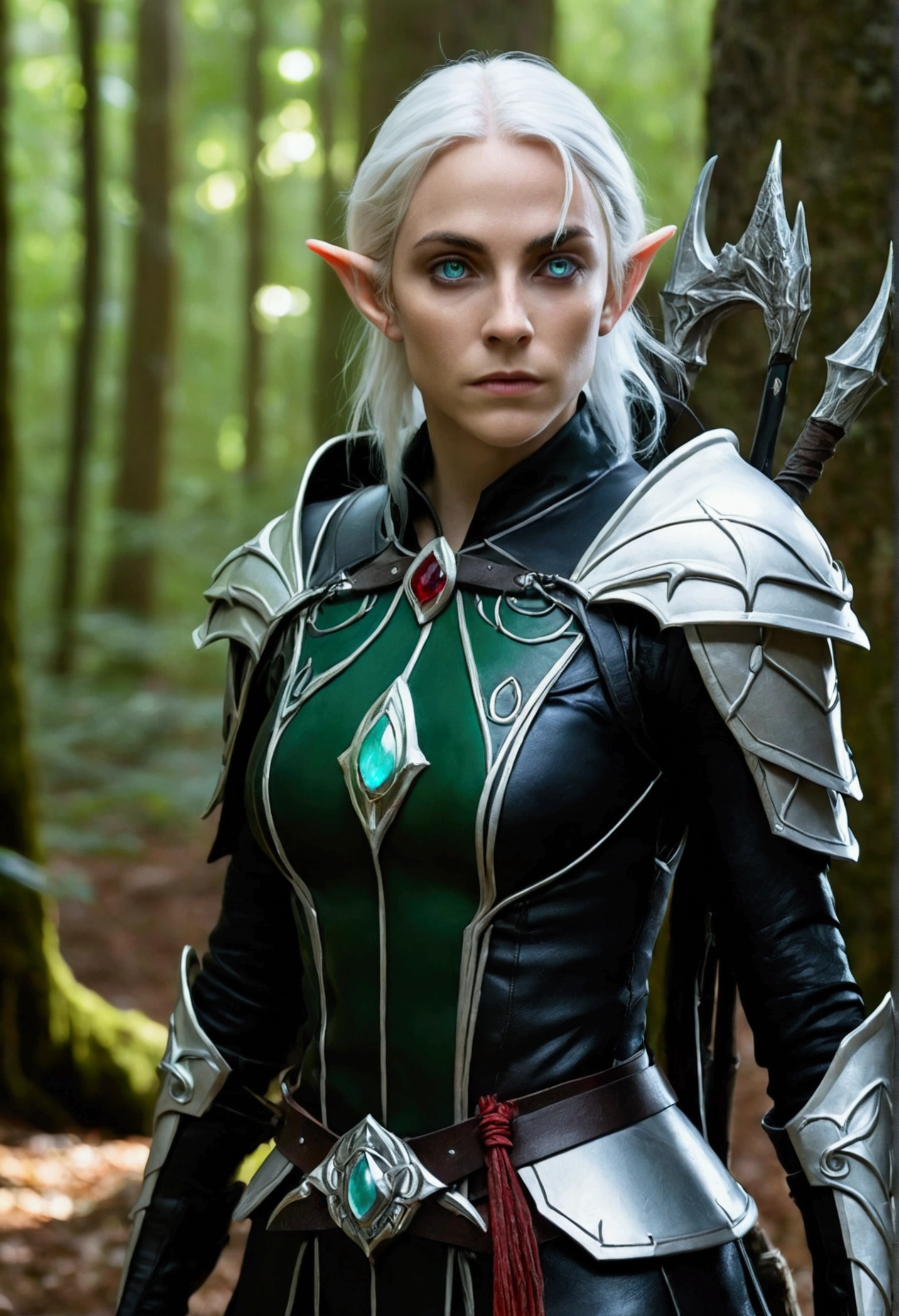 Create an realistic RPG-style image of a heterochromatic female elf in a forest with white hair and black leather armor, seen from the front, has one green and one blue eye, have a ruby ​​amulet. On her back is she holds a large sickle, while on his waist are two small sickles attached together by a chain on their handles. She also appears to be carrying an adventure backpack. A small global astrolabe floats next to her, glowing red.