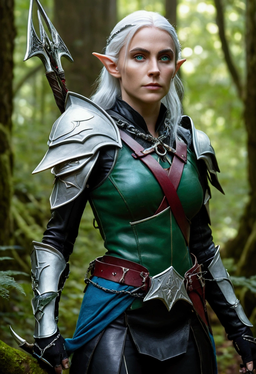 Create an realistic RPG-style image of a heterochromatic female elf in a forest with white hair and black leather armor, seen from the front, has one green and one blue eye, have a ruby amulet. On her back is she holds a large sickle, while on his waist are two small sickles attached together by a chain on their handles. She also appears to be carrying an adventure backpack. A small global astrolabe floats next to her, glowing red.