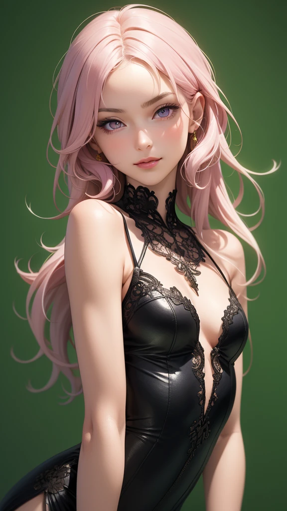 (masterpiece, best quality), intricate details, thin, ((slim)), beautiful girl, Light pink hair, light purple eyes, sharp jawline, Looking forward in serious, Dress  , messy hair, lips, upper body, smirk, Green background, Black skin