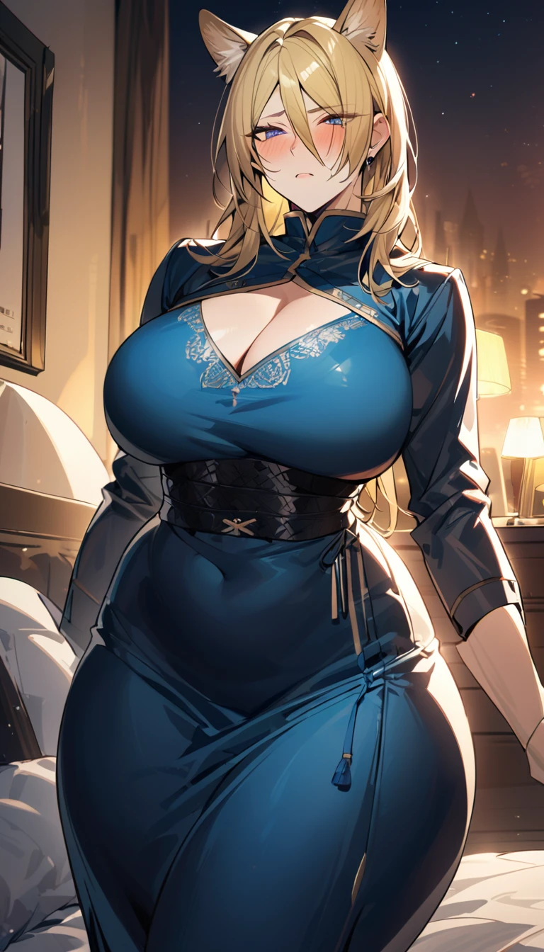 Mlynar(Arknights),yellow hair,animal ears,curvy body, wearing clothes(Muslim attire), blushing,big cleavage,big thighs,bedroom, night setting,close view.