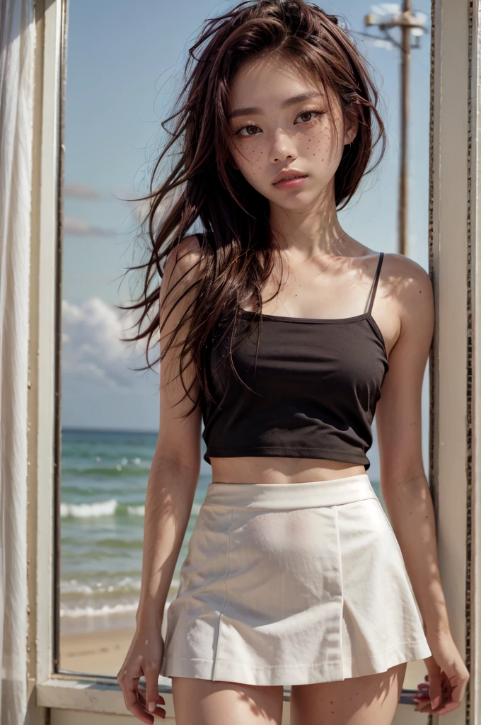 (masterpiece, best quality:1.2), 1girl, solo, asian, woman, freckles, black unederwear, skinny, ((medium shot)), (mini skirt:1.2), sunset on the beach