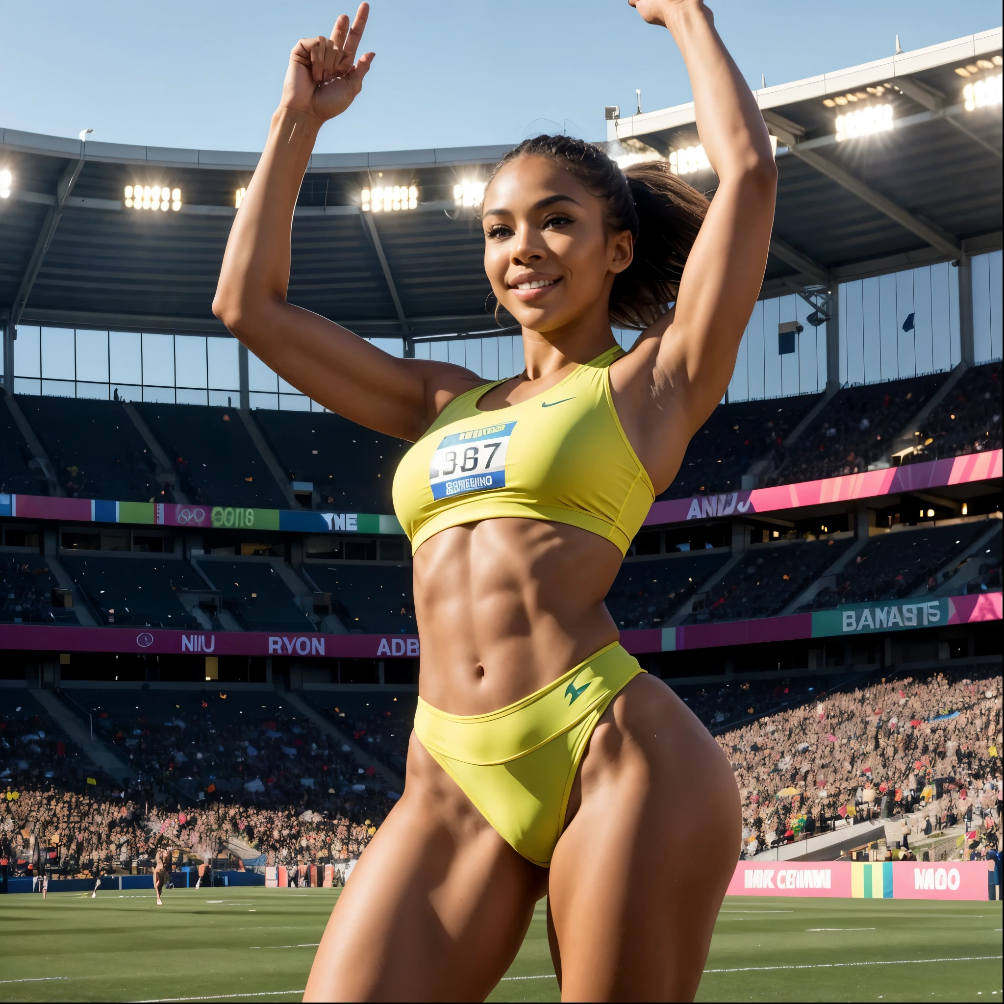 The photograph of a amazing realistic epic 16k quality and resolution image of very very beautiful and sexy athlete Olympic runner after winning the 100-meter dash race would be a powerful image full of emotion.. Here I describe what it could be like and the visual impact it would have.:
Composition and Position:
The runner would have her back to the camera, capturing her moment of triumph as she walks proudly down the court. His arms would be raised in victory, showing off his impressive physique and Jamaica's national sweatshirt. The composition would focus on his powerful figure, with the athletics track and the stands full of spectators blurred in the background.
Expression and Body Language:
Your body language would convey a sense of pride, strength and achievement. Arms raised in a V shape would show your confidence and celebration. His head would be raised, looking towards the stands with an expression of pure joy and relief on his face. Every muscle in your body would be defined and tense, showing the intensity of the physical effort you have just achieved.
Lighting and Colors:
The natural lighting of an open-air stadium would bathe the scene, creating soft shadows and highlighting your muscle contours. The athletics track would shine with a warm tone, contrasting with Jamaica's vibrant green and yellow sweatshirt. The runner's tanned skin would stand out in the sunlight, highlighting his dedication and training.
Background and Environment:
The stands filled with excited spectators would provide a dynamic and vibrant background. Jamaican flags would fly in the air, creating a sea of green colors, yellow and black. The faces of the fans would be full of joy and admiration, some with hands raised in the air in celebration. The atmosphere would be charged with energy and excitement., with shouts and applause echoing throughout the stadium.
Focus and Depth of Field:
The photograph would have a selective focus, with the clear runner in prime