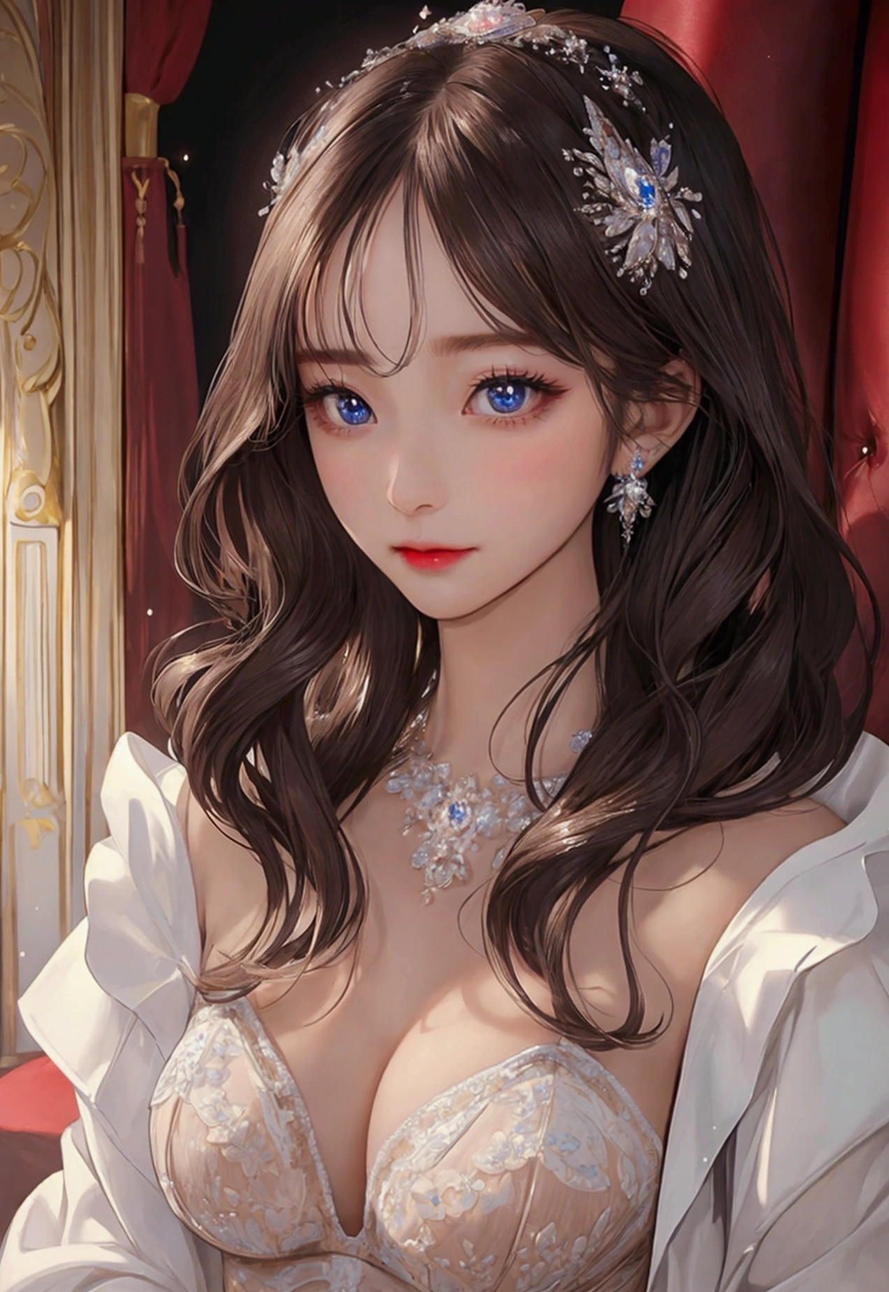(best quality)), ((masterpiece)), (detailed), perfect face, perfect detailed eyes, perfect detailed face, ultra-detailed nose, rich waist-length hair, suit,Moist eyes, Brilliance, Gorgeous women, high-class prostitutes, nude, Lingerie,