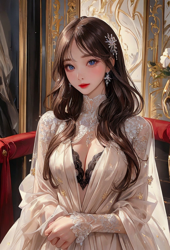(best quality)), ((masterpiece)), (detailed), perfect face, perfect detailed eyes, perfect detailed face, ultra-detailed nose, rich waist-length hair, suit,Moist eyes, Brilliance, Gorgeous women, high-class prostitutes, nude, Lingerie,