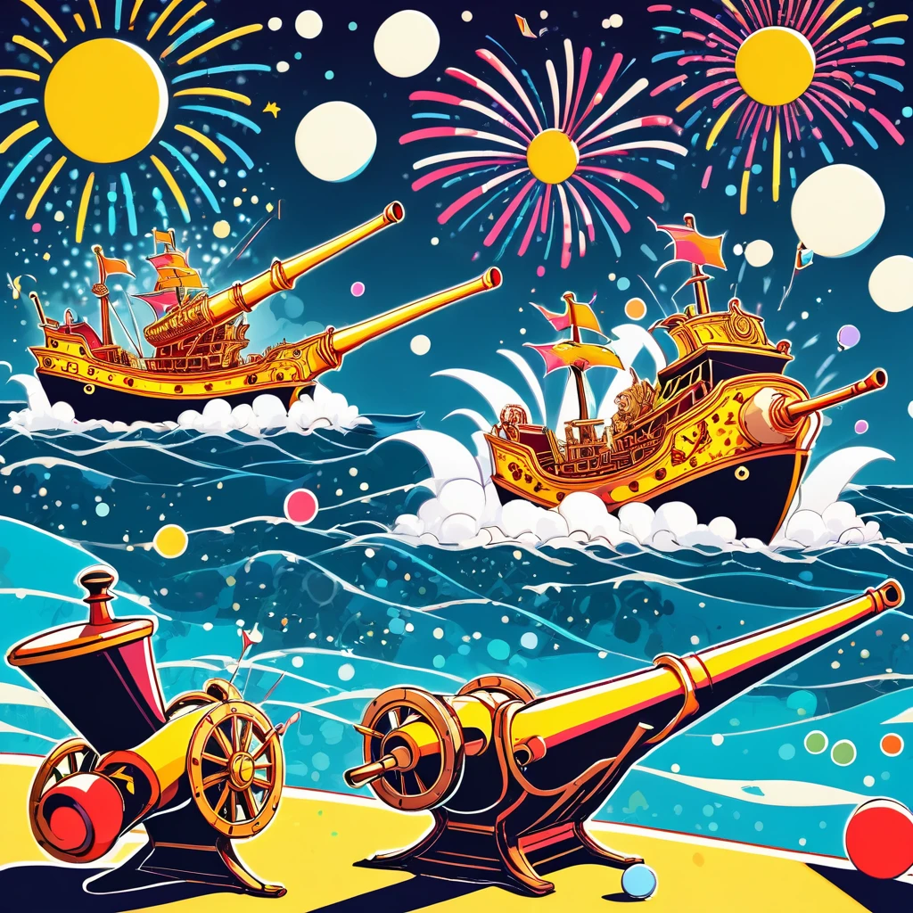 cartoon-style, Icons made of shadow puppets, two pirate ships firing cannons at each other, flying cannonballs, background rough sea, pastel colored dots, fireworks pattern, conceptual installation funny fantasy pop art