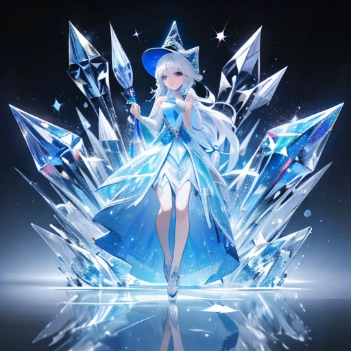 Very high image quality, A work carefully written down to the last detail, No compromise, Masterpiece, One woman looking at the camera, Age unknown, adult, Ice Element Witch, Silver Hair, long hair, Classic witch hat, Magical long dress, Use ice magic with your palm, refreshing, Cool, cool, beautiful, cool, Elsa, frozen, Magical space, Standing on the ice, crystal