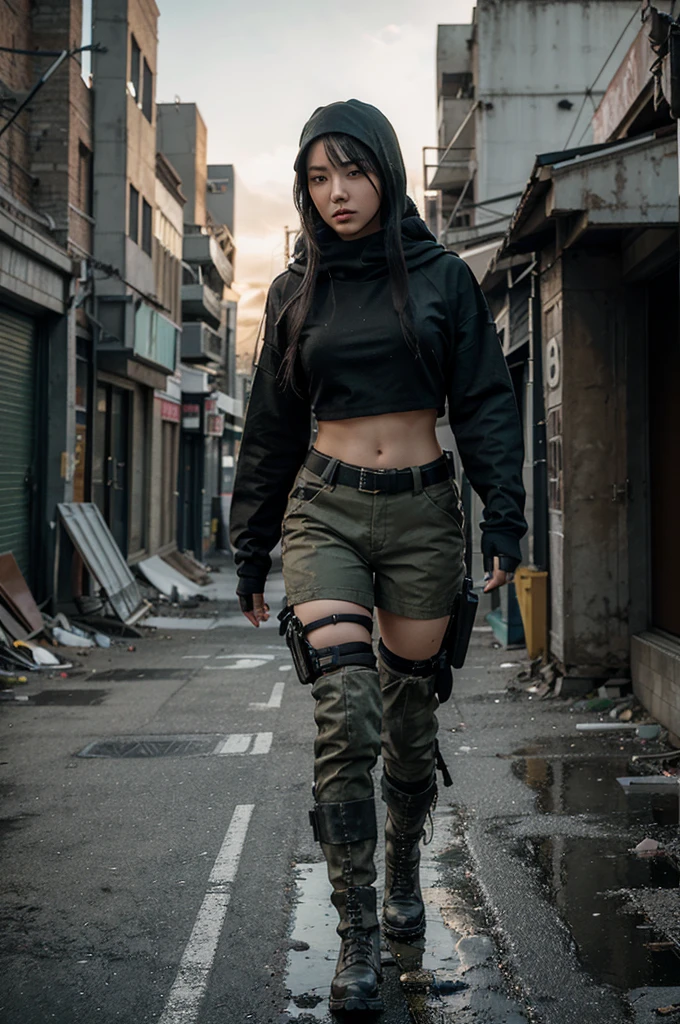 Create a digital artwork of a young beautiful Korean woman in a post-apocalyptic urban setting. She has long, black hair and striking green eyes. Her skin tone is pale white. She wears a modern, tactical outfit with a black hood over her head, a black top, and cargo pants. She is equipped with multiple weapons, including a katana strapped to her back. Her attire includes practical boots, and she has a rugged, adventurous look. The background shows a desolate city street with debris and abandoned buildings, enhancing the dystopian atmosphere. Her expression is determined, hinting at her readiness to face any challenges in this harsh, new world. Make it realistic in 8k quality