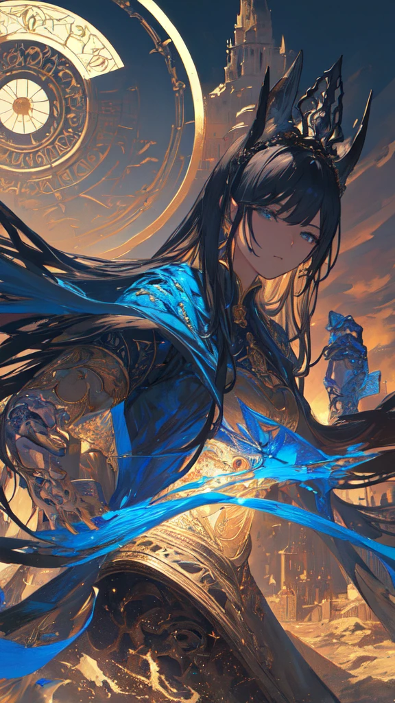 (masterpiece, Highest quality, Very detailed, Best Shadow), (Detailed Background,Dark fantasy), (Beautifully detailed landscapes), High Contrast, (Best lighting, Very delicate and beautiful), ((Cinematic Light)), colorful, Hyper Detail, Dramatic Light, Intricate details, Dynamic Angle), Black light swirling around, Depth of written boundary,black light particles,(Broken glass),magic circle,water,huge clocks,zero,the sun and the moon,Landscape only,There are no people,Watch Center,A clock sinking in water,Blue glowing light,Huge tower and city,Landscape,青く輝く光
