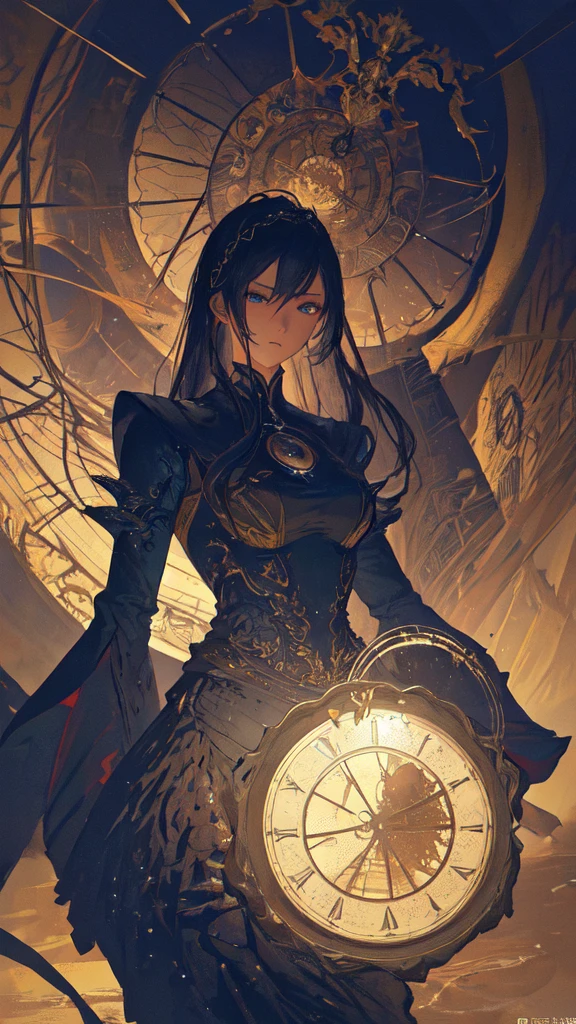 (masterpiece, Highest quality, Very detailed, Best Shadow), (Detailed Background,Dark fantasy), (Beautifully detailed landscapes), High Contrast, (Best lighting, Very delicate and beautiful), ((Cinematic Light)), colorful, Hyper Detail, Dramatic Light, Intricate details, Dynamic Angle), Black light swirling around, Depth of written boundary,black light particles,(Broken glass),magic circle,water,huge clocks,zero,the sun and the moon,Landscape only,There are no people,Watch Center,A clock sinking in water,Blue glowing light,Huge tower and city,Landscape,青く輝く光