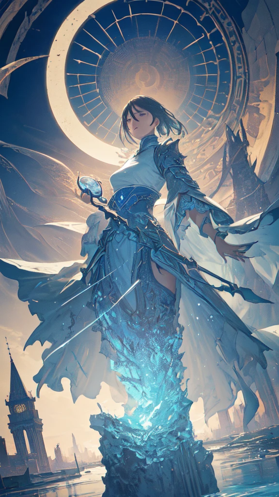 (masterpiece, Highest quality, Very detailed, Best Shadow), (Detailed Background,Dark fantasy), (Beautifully detailed landscapes), High Contrast, (Best lighting, Very delicate and beautiful), ((Cinematic Light)), colorful, Hyper Detail, Dramatic Light, Intricate details, Dynamic Angle), Black light swirling around, Depth of written boundary,black light particles,(Broken glass),magic circle,water,huge clocks,zero,the sun and the moon,Landscape only,There are no people,Watch Center,A clock sinking in water,Blue glowing light,Huge tower and city,Landscape,青く輝く光