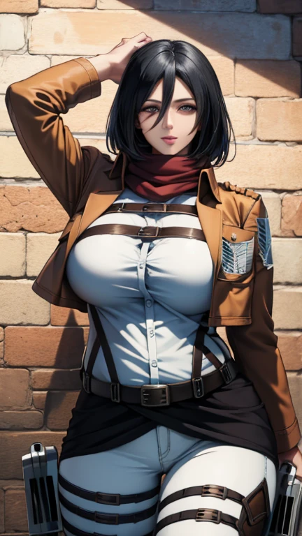 (masterpiece, best quality, glowing light, glistening, shiny skin, ultra detailed, detailed background, complex background),(perfect face, detailed face, detailed eyes, perfect hands, perfect fingers), (large boobs:1.2,smile),(mature female:1.4),cowboy shot, thicc, big breast, cleavage, black hair, MILF, perfect curvy shaped body,
mikasa_ackerman, ((gradient hair)),multicolored eyes, gradient eyes, (glowing eyes:1.5), mascara, (fashion make up), parted lips, scarf, jacket, thigh strap, bikini and bra, belt, emblem, three-dimensional maneuver gear, red scarf, boots, dual wielding, training corps (emblem)
((park, fountain, leaves in the air, wall, autumn, trees)),((super detailed background)), dynamic poses, ((8k wallpaper)),