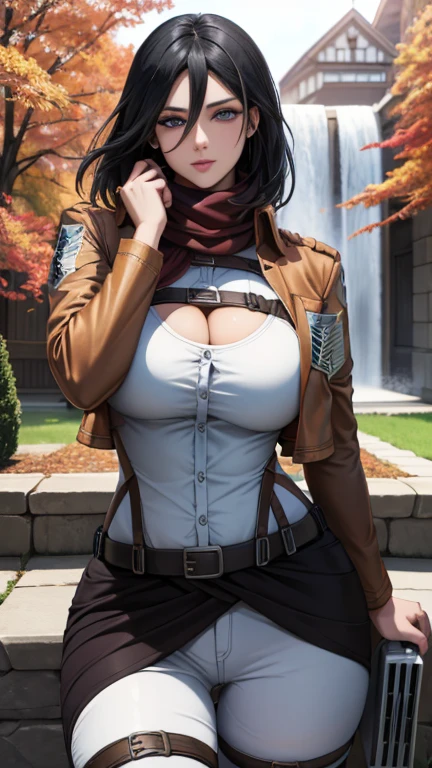 (masterpiece, best quality, glowing light, glistening, shiny skin, ultra detailed, detailed background, complex background),(perfect face, detailed face, detailed eyes, perfect hands, perfect fingers), (large boobs:1.2,smile),(mature female:1.4),cowboy shot, thicc, big breast, cleavage, black hair, MILF, perfect curvy shaped body,
mikasa_ackerman, ((gradient hair)),multicolored eyes, gradient eyes, (glowing eyes:1.5), mascara, (fashion make up), parted lips, scarf, jacket, thigh strap, bikini and bra, belt, emblem, three-dimensional maneuver gear, red scarf, boots, dual wielding, training corps (emblem)
((park, fountain, leaves in the air, wall, autumn, trees)),((super detailed background)), dynamic poses, ((8k wallpaper)),