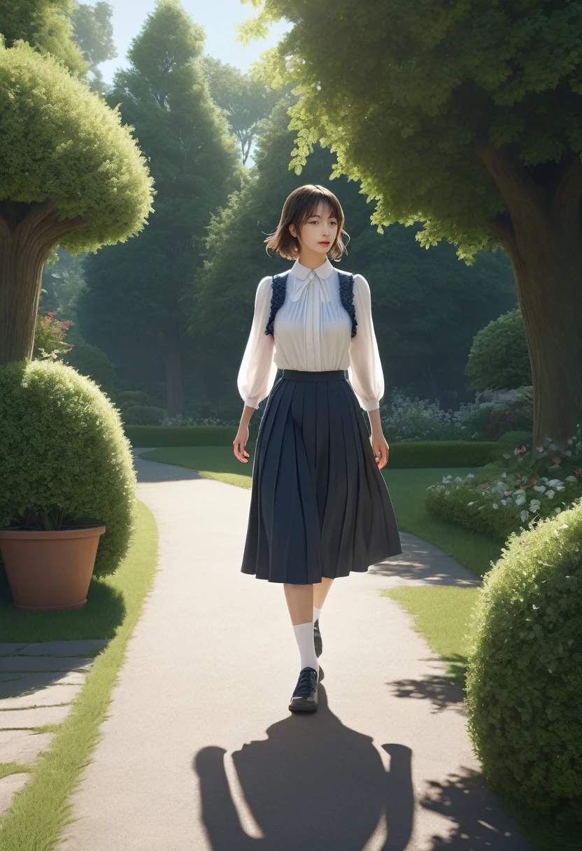 (extremely detailed CG unity 8K wallpaper), (masterpiece), (Highest quality), (Very detailed), (Best illustrations), (Best Shadow), (Photorealistic:1.4), English garden, Frilled blouse, skirt, white ankle socks, A long shot of a woman walking slowly