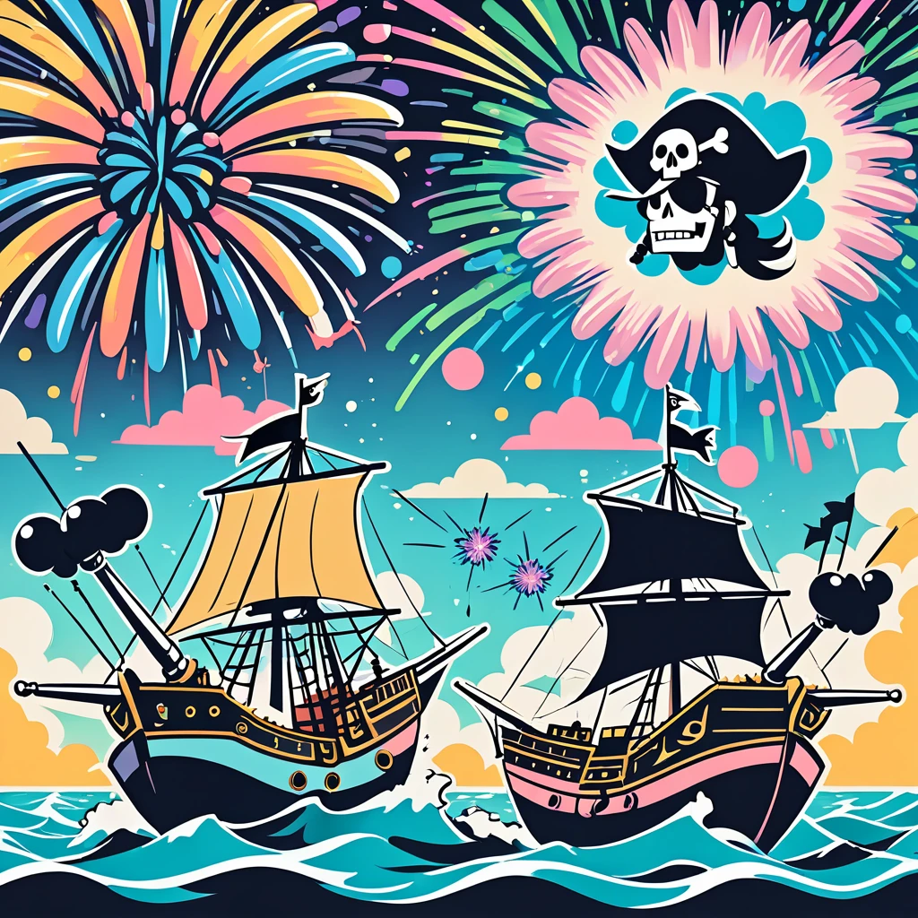 cartoon-style, Icons made of shadow puppets, two pirate ships firing cannons at each other, flying cannonballs, background rough sea, pastel colored dots, fireworks pattern, conceptual installation funny fantasy pop art