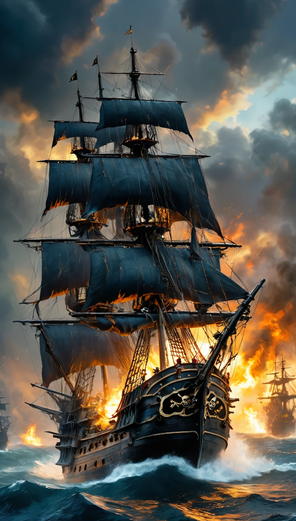 (8k, Highest quality, masterpiece)，{Realistic, RAW Photos, Super Fine Clear, Impressionist painting, (Impressionist paintingの影響を受けた, Pirates of the Caribbean:1.6)}, naval battle, Pirate Combat, Deadly Combat, Fierce Battle, Heat,, Vibrant