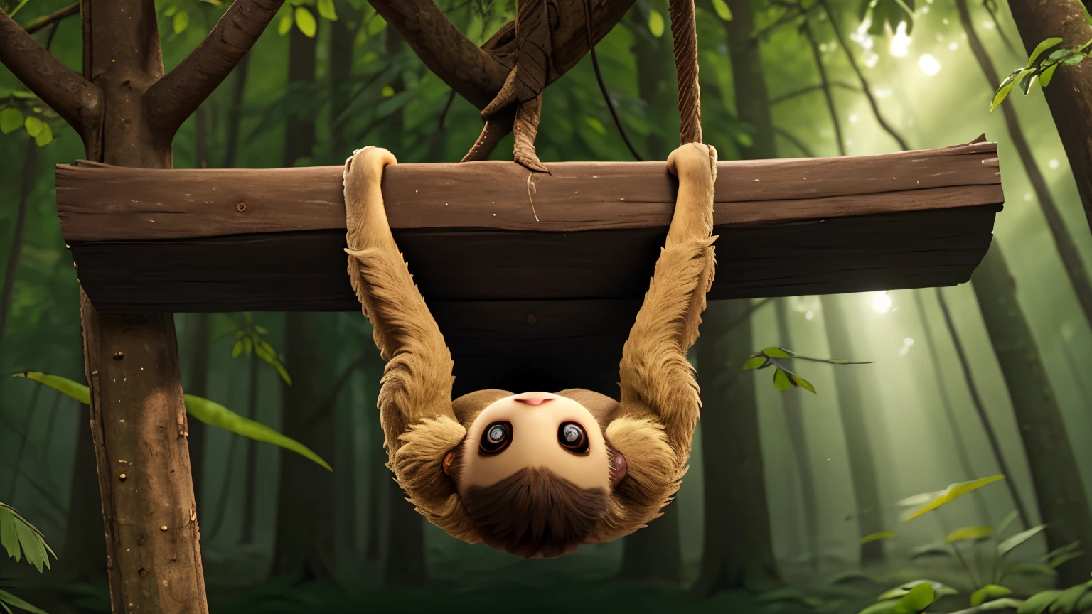 Description: sloths Background: Forest, Activity: Climbing, Image quality: High resolution, Aspect ratio: 9:16, Emotional state: Neutral, Energy: Low, Size: Large, Camera angle position: Bottom view, Lens configuration: Telephoto lens, Light type: Midday