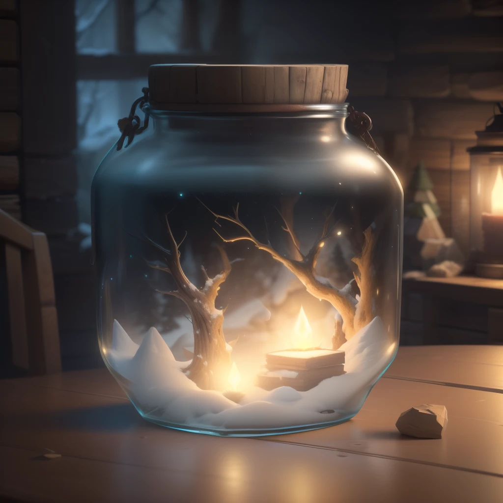 a magical glowing jar on a table, log cabin interior, snowstorm in the jar, (best quality,4k,8k,highres,masterpiece:1.2),ultra-detailed,(realistic,photorealistic,photo-realistic:1.37),HDR,UHD,studio lighting,ultra-fine painting,sharp focus,physically-based rendering,extreme detail description,professional,vivid colors,bokeh,fantasy,concept art