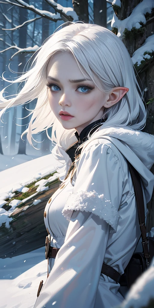 stylized female elve, dramatic, emotional, determined expression, white skin, pale skin, snow-white hair, blue eyes, forest scene, snow, dramatic angle, artistic composition, masterpiece