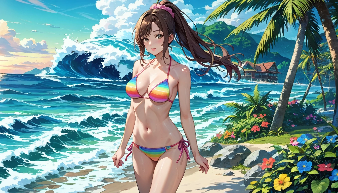 score_9, score_8_up, score_7_up, source_anime, masterpiece, best quality, very aesthetic, uncensored, 1 girl, cute face, beautiful detailed eyes, glossy lips, [round breasts, medium breasts], voluminous ponytail, pink scrunchie hair, brown hair, colorful bikini, slender legs, walking, resort, beach, sea waves, tree
