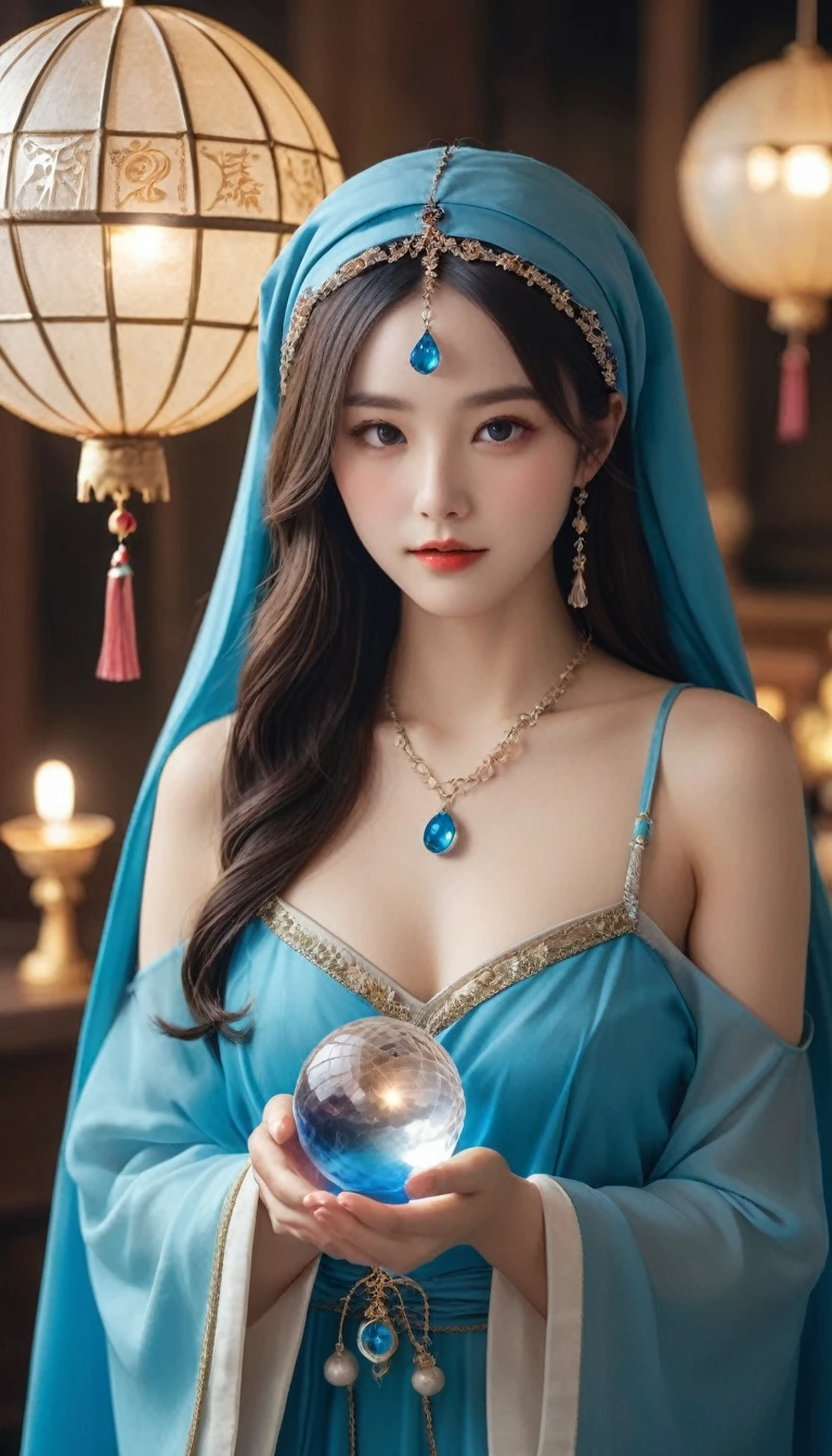 Overall body orientation: front. 女性fortune teller. charm, Beautiful and mysterious. She has a blue cape on her head、The face is clear。. The background is bright and sparkling. The atmosphere is filled with anxiety and anticipation... fortune teller is standing. He has a crystal ball in each hand. The lighting in the room is bright, Create a great atmosphere. Best image quality, 4K or 8K resolution. Extremely fine detail、that'Photorealistic. Artistic style is、that should reflect the formula'Beautiful bright colors and strong contrast。. The color palette should emphasize the mysterious and mystical theme of the piece... fortune teller'The cloak is adorned with metal trim and intricate designs.., Thickness ratio 1.5. The overall atmosphere is great and amazing. fortune teller'The expression on his face should evoke a mysterious interest... fortune teller以外誰もいない.
