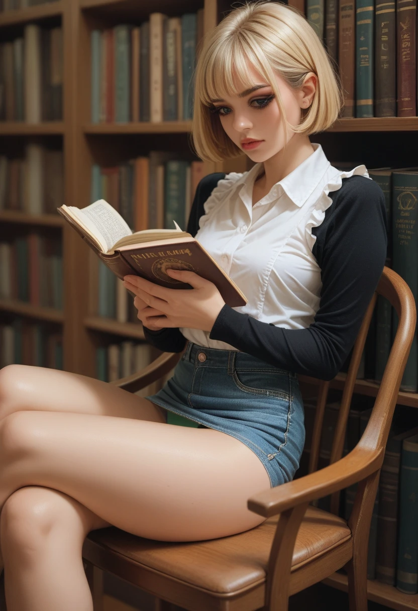 blonde girl,classic bob hair,Using makeup, wearing a white blouse with black sleeves and wearing a denim mini skirt, reading a book,sitting on a library chair,with legs open showing green panties