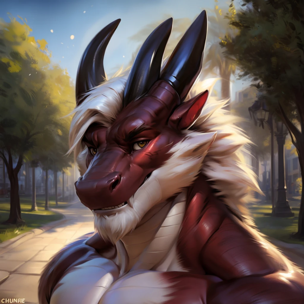 Dragon, Male, Solo, Avoiding eye contact with viewer, handsome face, hair, horn, detailed eyes, detailed face, Park background, Multi-colored body, correct face, Middle-aged, Sexy, Beefcake, Daddy, (Realistic Shadows, Depth of Field, Wide Field of View, Lens Flare, Head Shot), (by Darkgem, by Chunie, by null-ghost),