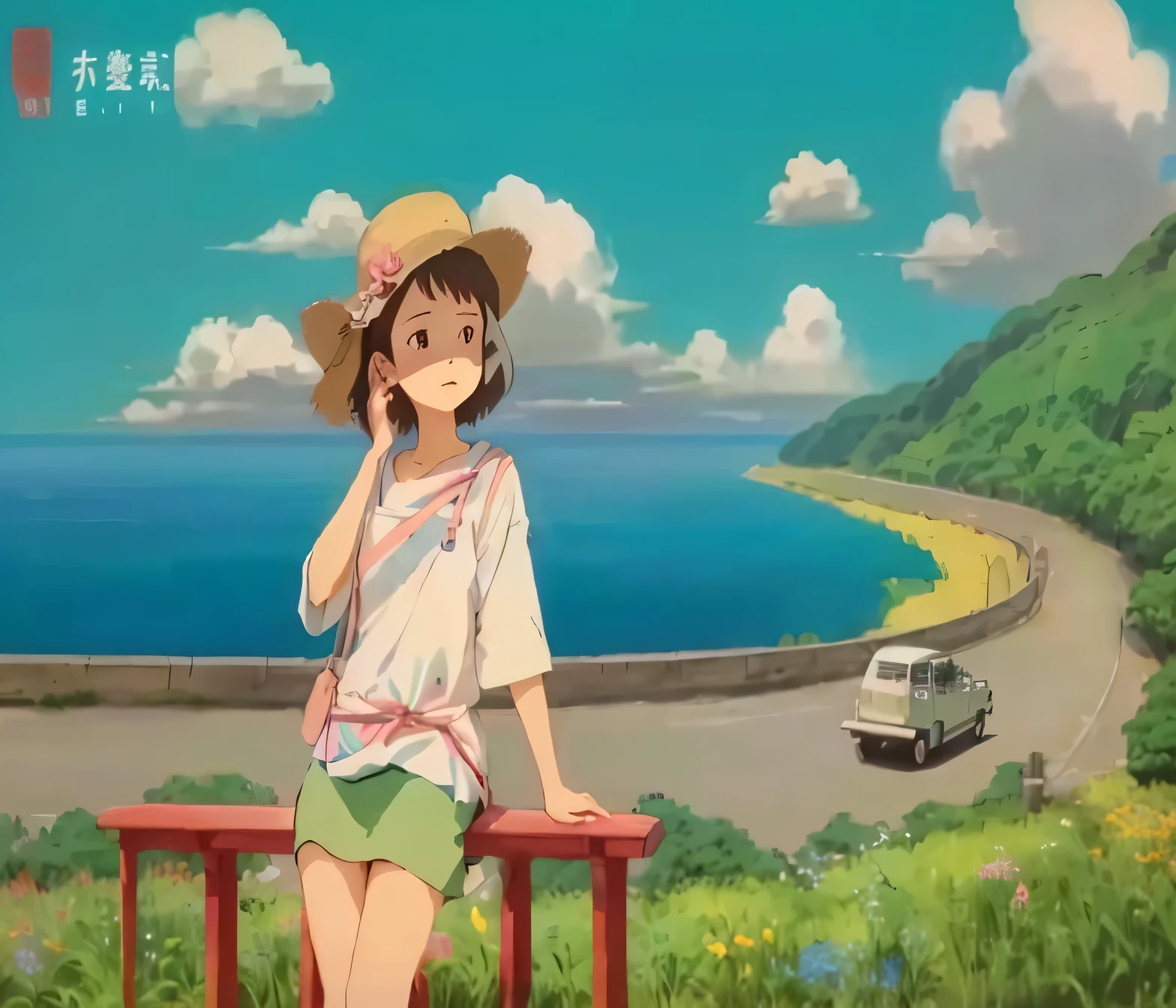 A woman sits on a bench next to a car, 的Hayao Miyazaki, Hayao Miyazaki\of movies, Animation by Hayao Miyazaki, Studio Ghibli animation style, Studio Ghibli Sunshine, Hayao Miyazaki, studio Ghibli art style, Studio Ghibli movie stills, Ghibli art style, Hayao Miyazaki