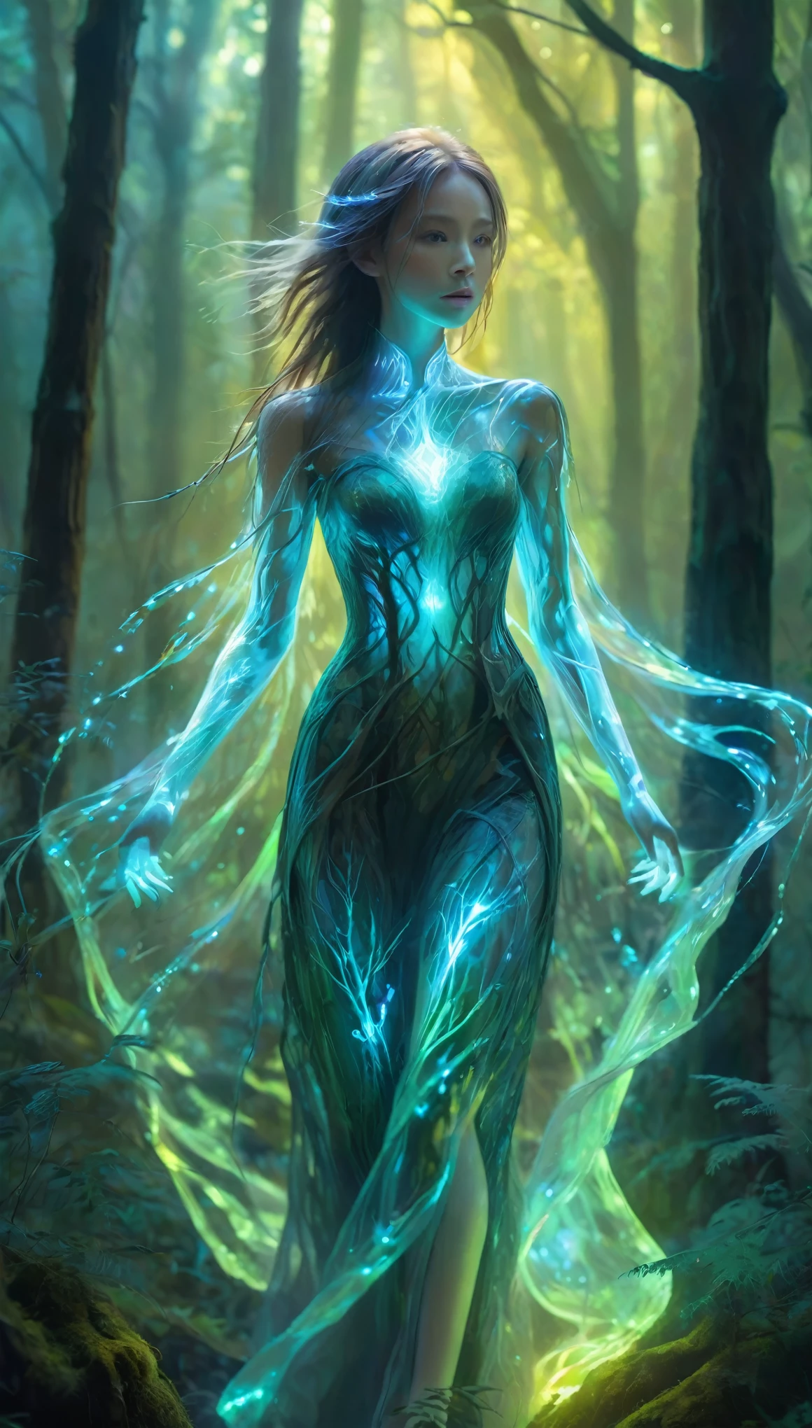 portrait,In this fantasy-style painting,a girl with a translucent glowing body wanders through a mysterious forest,surrounded by strange luminescence,upper_body,
