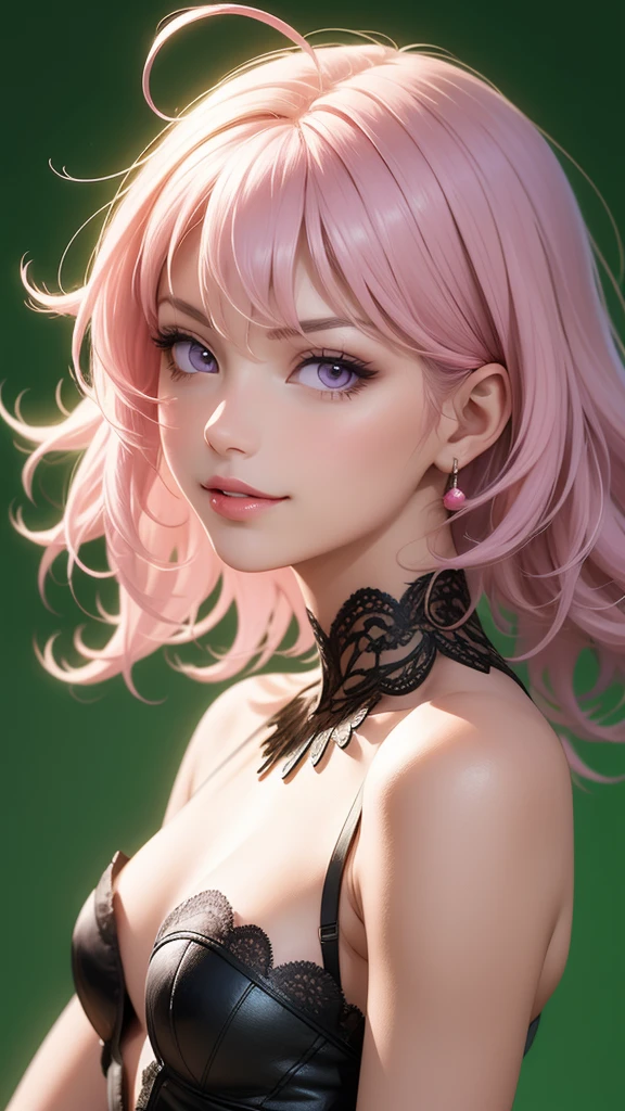 (masterpiece, best quality), intricate details, thin, ((slim)), beautiful girl, Light pink hair, light purple eyes, sharp jawline, Looking ahead , messy hair, lips, upper body, smirk, Green background, Black skin, 