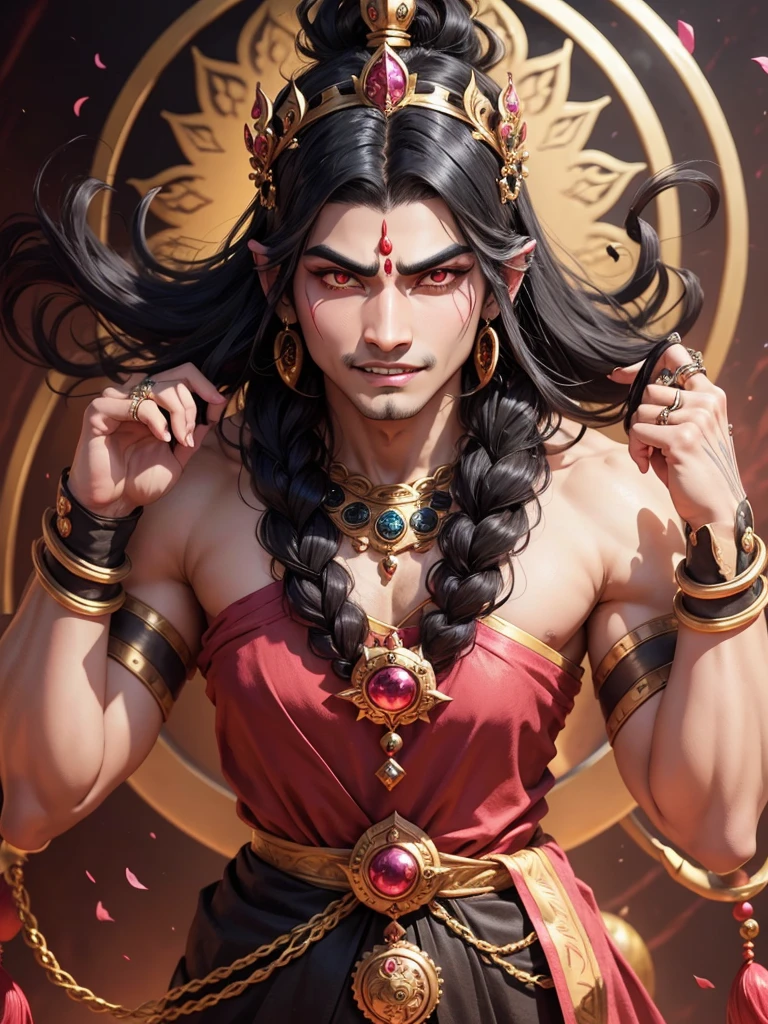 black haired Ravana, hair accessories, canine teeth, pink eyes, Rings on the head, crown, 