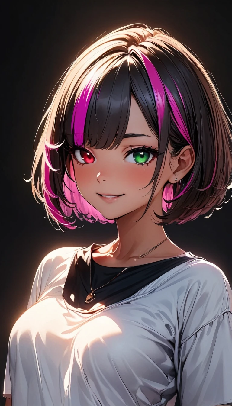 (highest quality:1.2, Very detailed, up to date, Vibrant, Ultra-high resolution, High Contrast, masterpiece:1.2, highest quality, Best aesthetics), Portraiture、girl、solo, (25-years-old:1), slim, heterrochromia, green eye, red eye, Bright colors、Beautiful fine details、Beautiful lip detail、extra short hair, ((bob cut:1.5))、pink and purple, ((streaked hair:1.9)), (highlights hair: 1.6), ( black Satin Camisole Set:1), (medium breast:0.7), (tan skin:0.5), (happy:1), standing, Front facing, (full body:1.4), look at viewer, (No background:1.4), ((Plain white background:1.3)), 