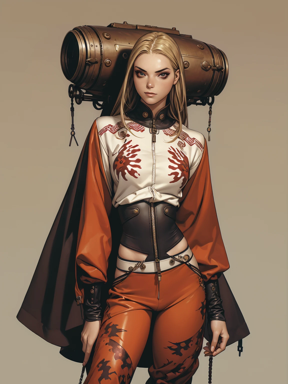 (best qualityer))), (((manga strokes))), (((blonde hair with red highlights))), Aviator Googles on the head, (((baggy pants with bone print))), uma Kizi jovem muito bem vestida com roupas modernas de inverno, pants with military camouflage pattern, top gift vertical stripes, short jacket with dark fur collar, beautiful and expressive face, slightly-smile, big eyes with long black eyelashes, heavy make-up, chains and zippers spread across clothes, contrasting colours, pose de atitude, hair with a modern and futuristic cut, urban game poster art, dramatic camera angles, graffiti art elements in the background, design mixing contemporary and retro by Shepard Fairey, (((cowboy shot))), (((best qualityer: 1.4))), (Unbeatable masterpiece), (hiper HD),(CG 8k hyper-realistic), Kizi, (((standing alone))), pirralha violent, ((())), sexly, pose de atitude, work of art, post-apocalypse, (((manga style))), bounty hunter, violent, Manic, the way you want, slenderbody, thin but strong, perfectbody, roupa moderna, advanced technology, neon, sleeves with vertical striped pattern, neutral background, (( cowboy shot )). intricate visual