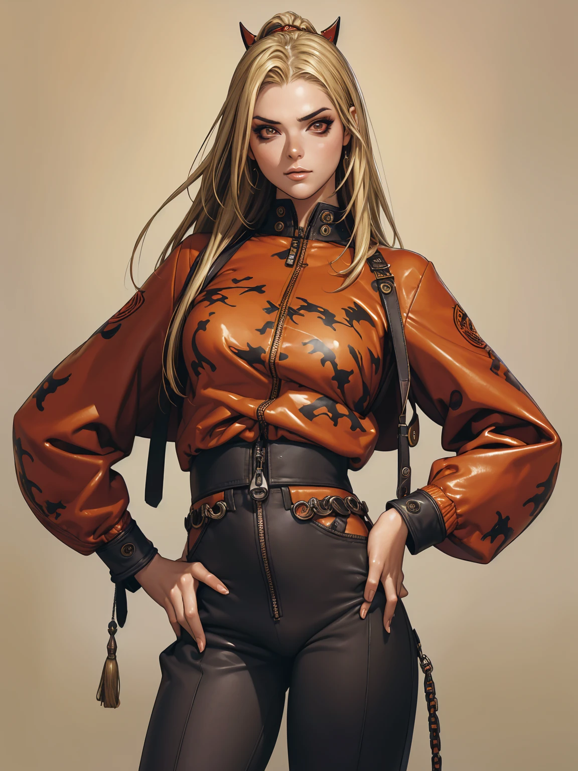 (best qualityer))), (((manga strokes))), (((blonde hair with red highlights))), Aviator Googles on the head, (((baggy pants with bone print))), uma Kizi jovem muito bem vestida com roupas modernas de inverno, pants with military camouflage pattern, top gift vertical stripes, short jacket with dark fur collar, beautiful and expressive face, slightly-smile, big eyes with long black eyelashes, heavy make-up, chains and zippers spread across clothes, contrasting colours, pose de atitude, hair with a modern and futuristic cut, urban game poster art, dramatic camera angles, graffiti art elements in the background, design mixing contemporary and retro by Shepard Fairey, (((cowboy shot))), (((best qualityer: 1.4))), (Unbeatable masterpiece), (hiper HD),(CG 8k hyper-realistic), Kizi, (((standing alone))), pirralha violent, (((14歳))), sexly, pose de atitude, work of art, post-apocalypse, (((manga style))), bounty hunter, violent, Manic, the way you want, slenderbody, thin but strong, perfectbody, roupa moderna, advanced technology, neon, sleeves with vertical striped pattern, neutral background, (( cowboy shot )). intricate visual