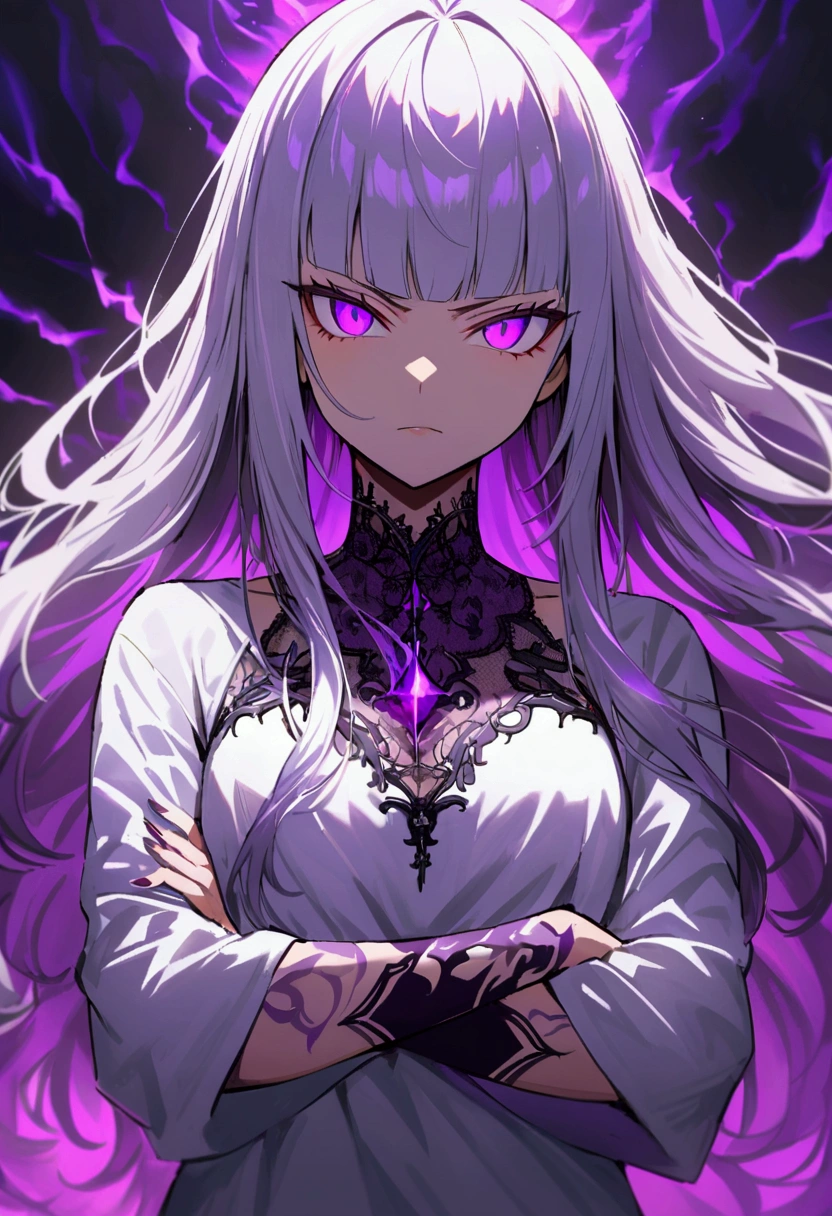 Teenage girl, tidy hair, long hair, long straight bangs, multicolored purple and white hair, bright purple eyes, serious face, ripped casual white shirt, crossed arms, a purple amethyst on the forehead, purple tattoos on the body, purple aura of energy around the character, evil grin, 1,90 tall
