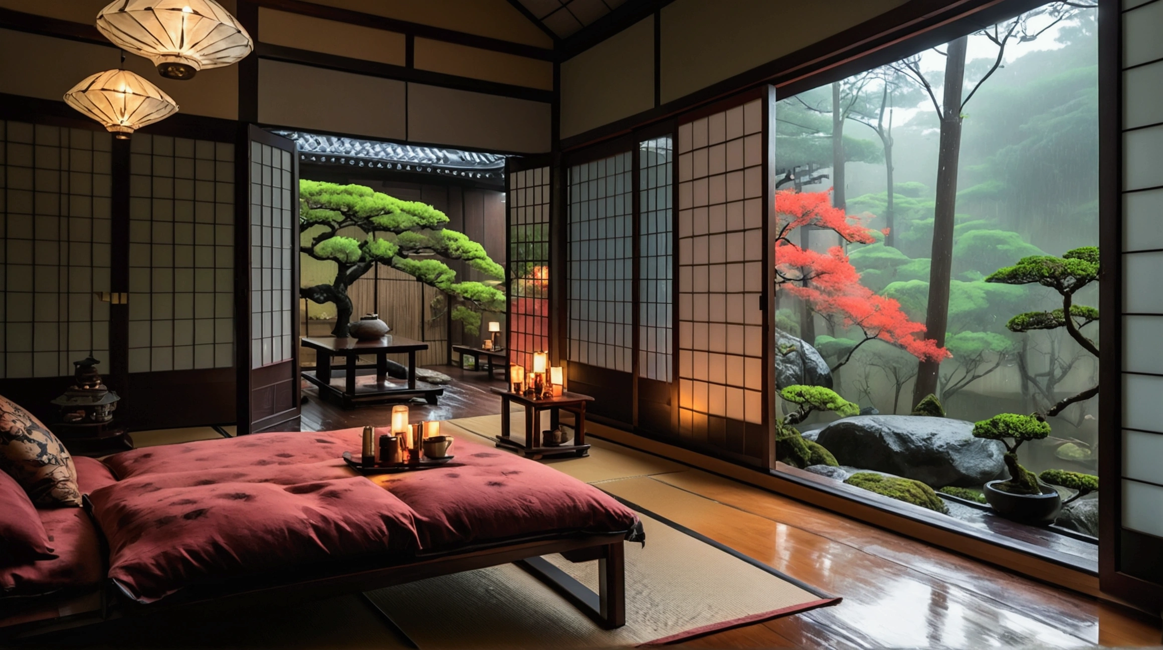 Traditional Japanese interior with tatami mats, shoji screens and views of the lush gardens outside. This room is equipped with a low wooden table with tea cups and a bonsai tree, creating a serene and peaceful atmosphere, rainy outdoors