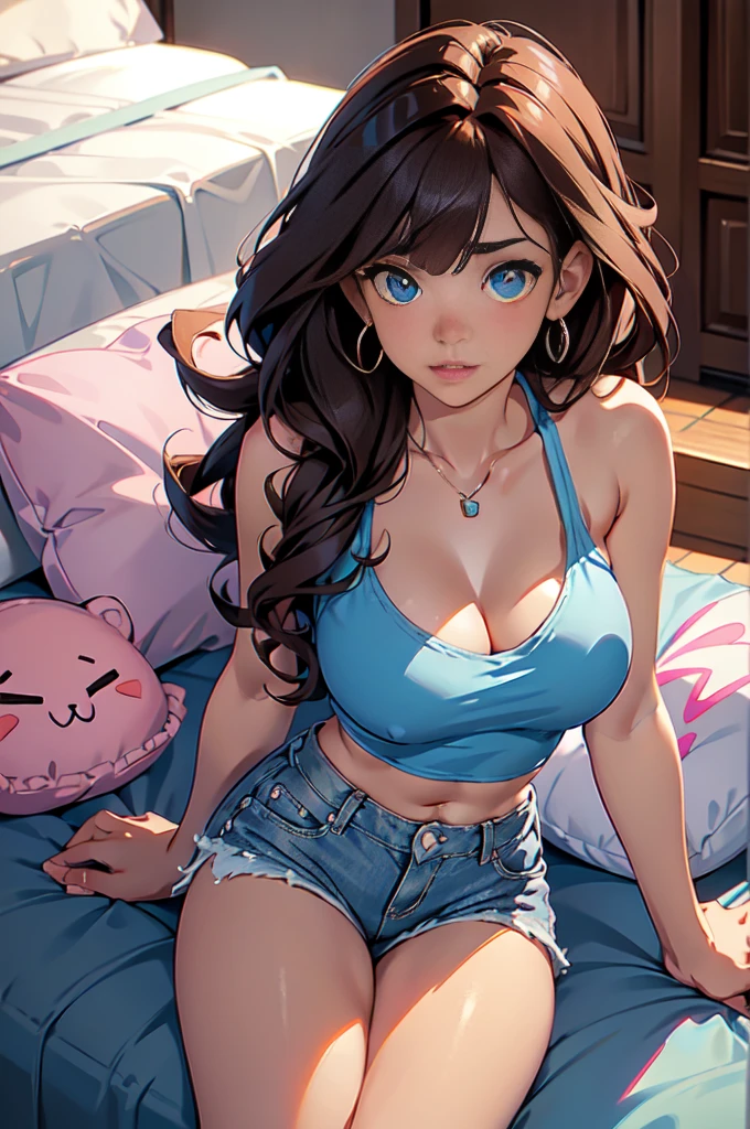 long curly hair, brown hair++, blue eyes+++, blunt bangs++, tousled hair, best quality++, large breast, narrow waist, , plump lips+, thick lips++, long lashes+, white thin strap low cut tank top++, skimpy jean shorts++, sitting on bed+++, coquette outfit+++, soft aesthetic room, warm lighting, pink bedding, white pillows, plushies, teddy bears, fishbowl angle+++, from above++, white heart necklace++, piercings, simple cute jewelry, bows+, outdoors background+, blurry background, close up, leaning forwards++, HD++, 8K+++, highres, thick thighs, massive breast++