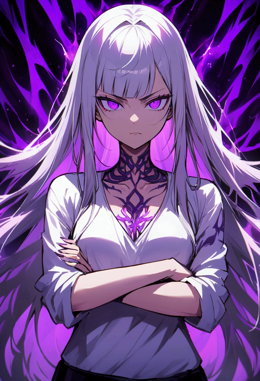 Teenage girl, tidy hair, long hair, long straight bangs, multicolored purple and white hair, bright purple eyes, serious face, ripped casual white shirt, crossed arms, purple tattoos on the body, purple aura of energy around the character, evil grin, 1,90 tall