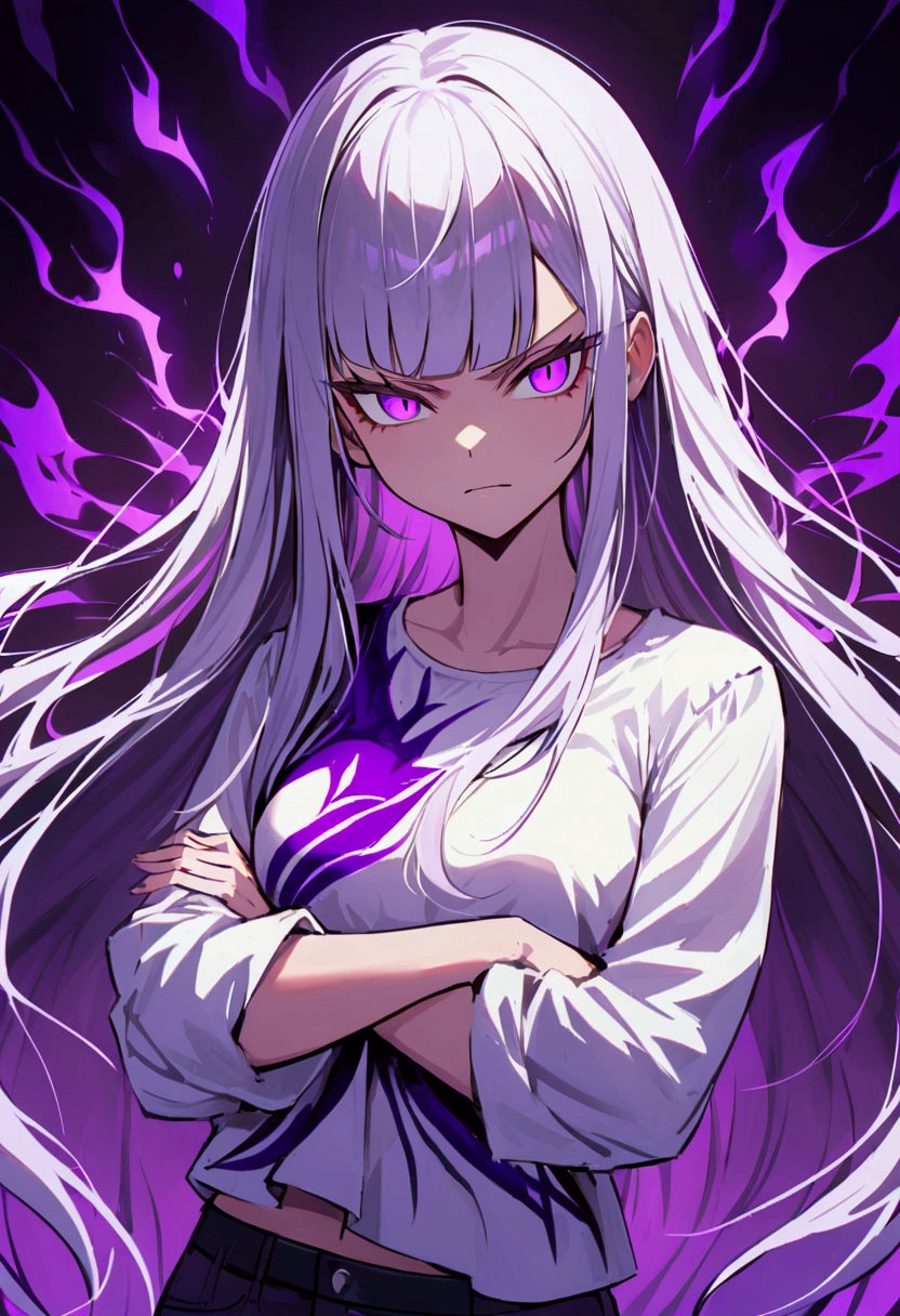 Teenage girl, tidy hair, long hair, long straight bangs, multicolored purple and white hair, bright purple eyes, serious face, ripped casual white shirt, crossed arms, purple tattoos on the body, purple aura of energy around the character, evil grin, 1,90 tall