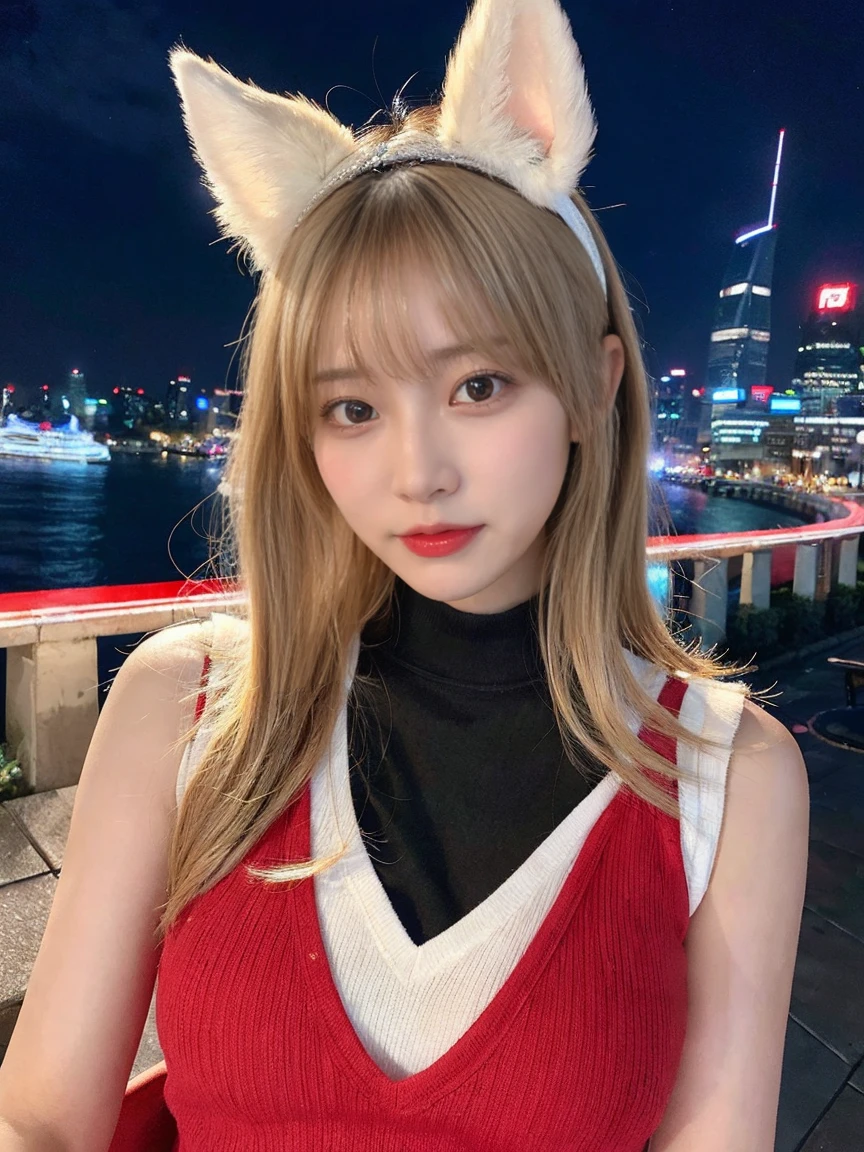最high quality, masterpiece, 32K、Very detailed、Realistic、One Girl, Japanese women、Cute Face, (photo Actual:1.3),Medium Hair(Blonde Hair Color、Great brown hairstyles)、Edge lighting, (Skin with attention to detail:1.2), 8k超High resolution, Single-lens reflex camera, high quality, High resolution, 4K, 8k, Optimal ratio of four fingers to one thumb, (Actual:1.3), cute One Girl, Realistic、Super Realistic、32K、Very detailed、masterpiece, 最high quality, beautiful girl, beauty、Mecha, Beautiful lighting, (Neon Light:1.2), (night:1.5), K-POPアイドルコスチューム、Sleeveless outfit、Red shiny shorts、Large Breasts(big 、There is a valley)、Swiss flag T-shirt、fox ears headband、Are standing、Cyber Neon、Future City、Skyscraper、都会のnight、Shanghai、big cities、night景、綺麗なnight景