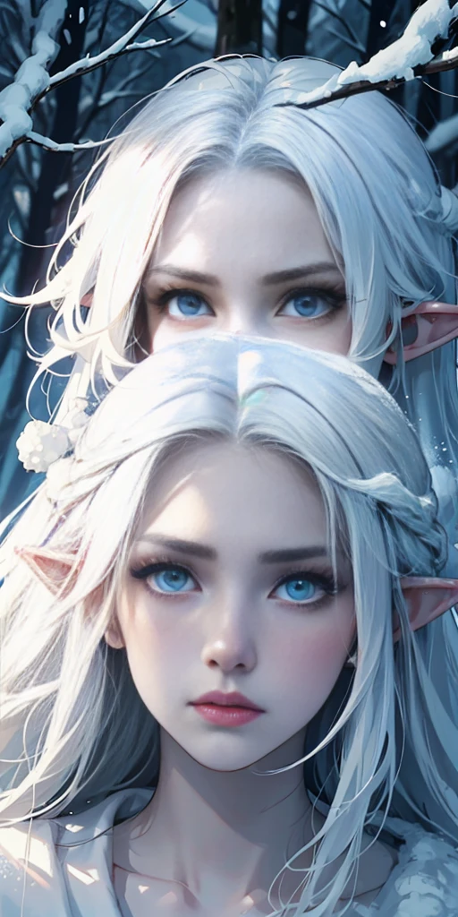 stylized female elve, dramatic, emotional, determined expression, white skin, pale skin, snow-white hair, blue eyes, forest scene, snow, dramatic angle, artistic composition, masterpiece