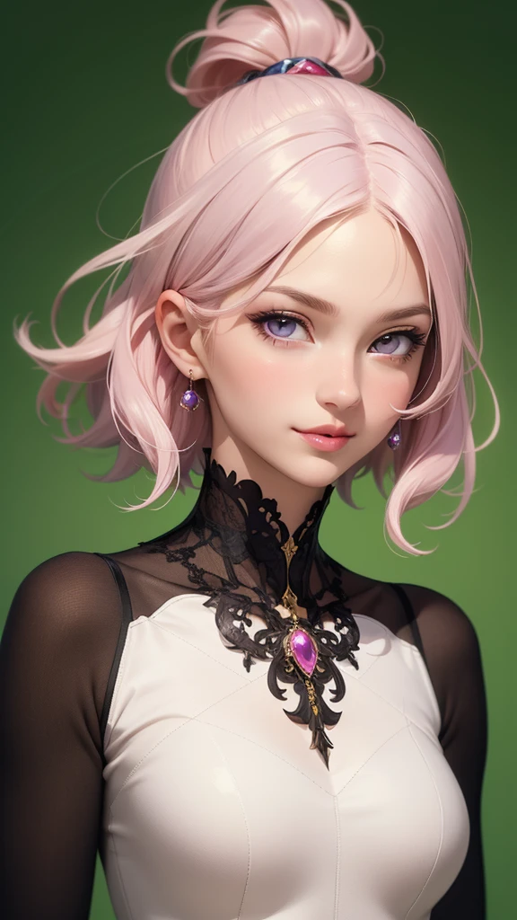 (masterpiece, best quality), intricate details, thin, ((slim)), beautiful girl, Light pink hair, light purple eyes, sharp jawline, Looking ahead , messy hair, lips, upper body, smirk, Green background, Black skin, Straight posture