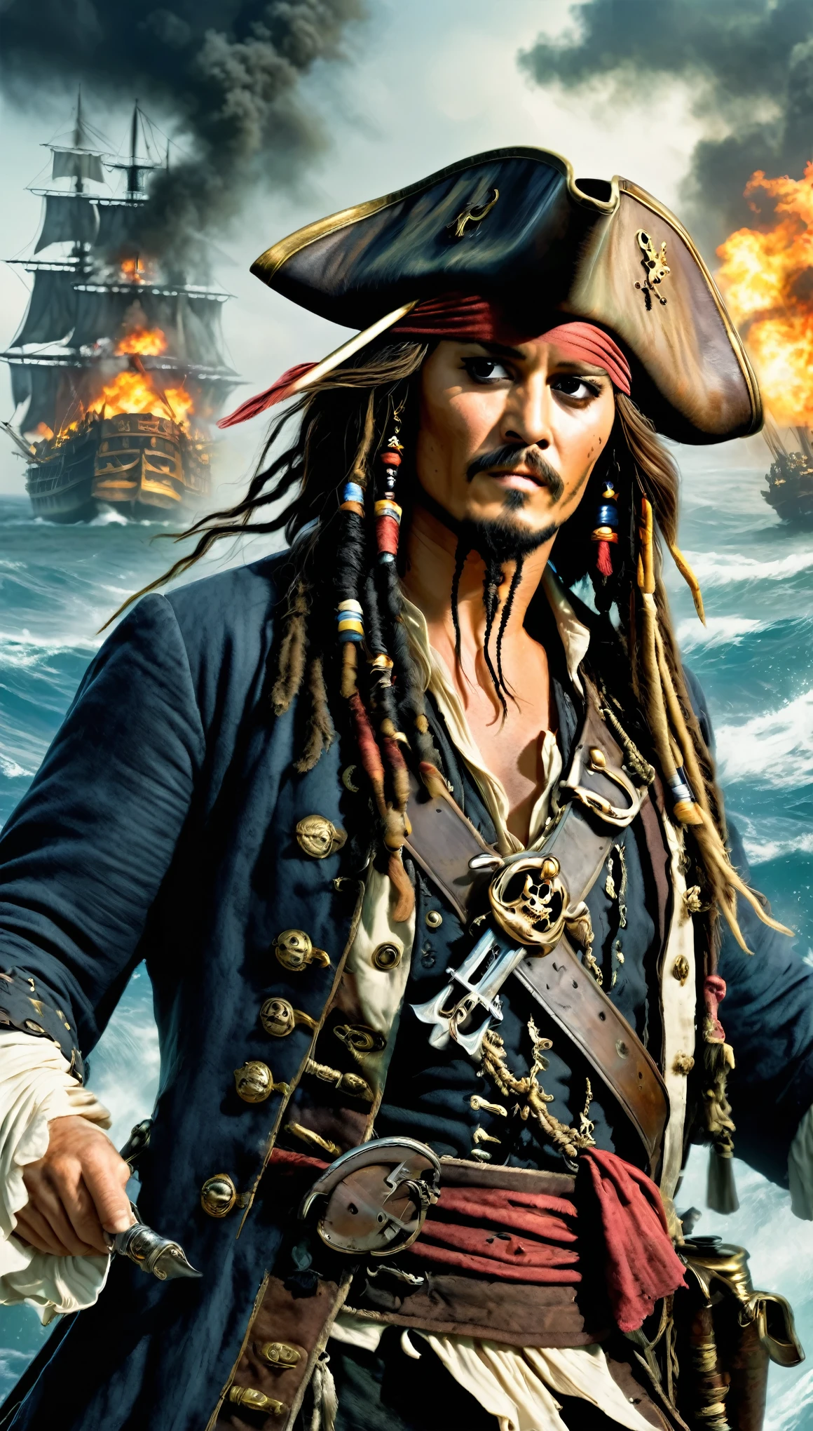 (8k, Highest quality, masterpiece),{Realistic, RAW Photos, Super Fine Clear, Impressionist painting, (Impressionist paintingの影響を受けた, Pirates of the Caribbean:1.6)}, naval battle, Pirate Combat, Deadly Combat, Fierce Battle, Heat,, Vibrant