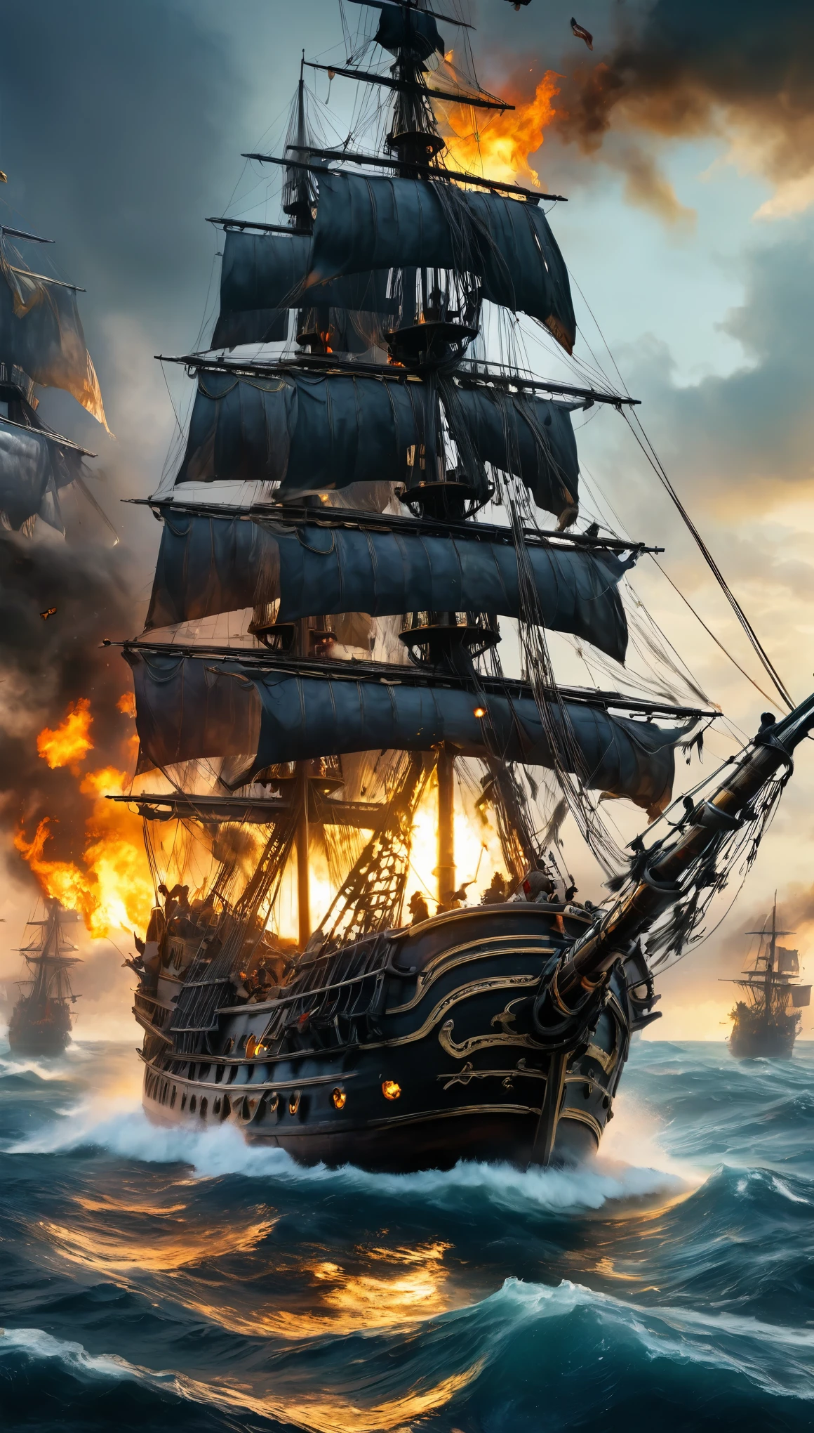 (8k, Highest quality, masterpiece)，{Realistic, RAW Photos, Super Fine Clear, Impressionist painting, (Impressionist paintingの影響を受けた, Pirates of the Caribbean:1.6)}, naval battle, Pirate Combat, Deadly Combat, Fierce Battle, Heat,, Vibrant