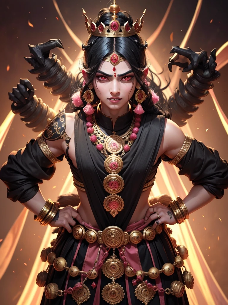black haired Ravana, hair accessories, canine teeth, pink eyes, Rings on the head, crown, ten faces,twenty hands