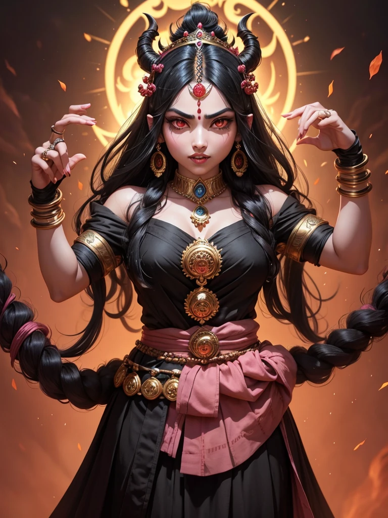 black haired Ravana, hair accessories, canine teeth, pink eyes, Rings on the head, crown, ten faces,twenty hands