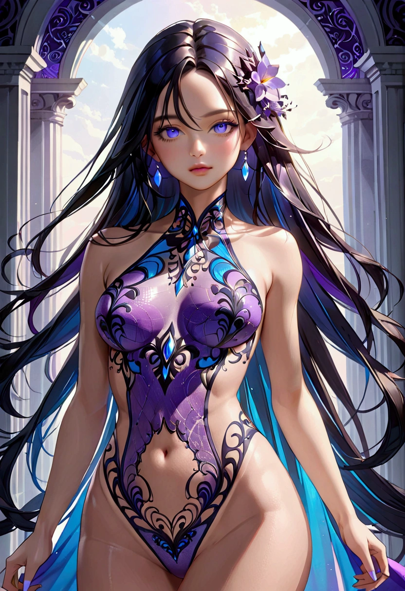 A woman with (long dark hair) (purple and blue gradient eyes) (perfect body) (detailed body and detailed eyes) (masterpiece, best quality,aesthetic, ultra-detailed:1.3)