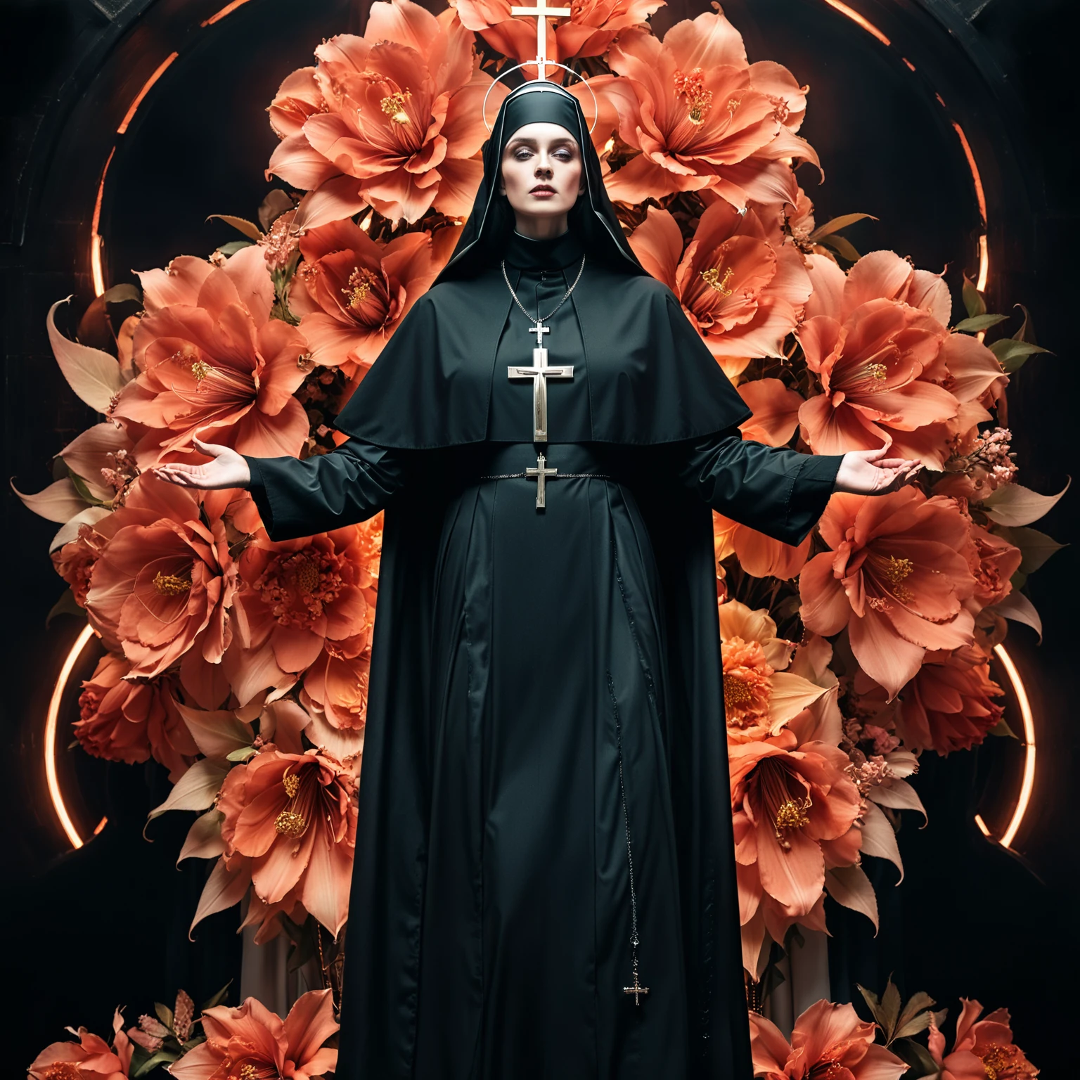arafed image of a nun with a cross and wings, billie eilish as a nun, billie eilish as a sad nun, nun fashion model, nun fashion model looking up, an evil nun, scifi religious, majestic saint woman, woman in black robes, nun, holy inquisition, orthodox cyberpunk, art deco flower shaman, vampire nun, priestess