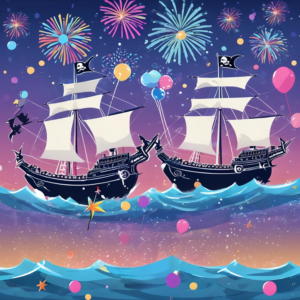 cartoon-style, Icons made of shadow puppets, two pirate ships firing cannons at each other, flying cannonballs, pirate flag, background rough sea, pastel colored dots, fireworks pattern, conceptual installation funny fantasy pop art